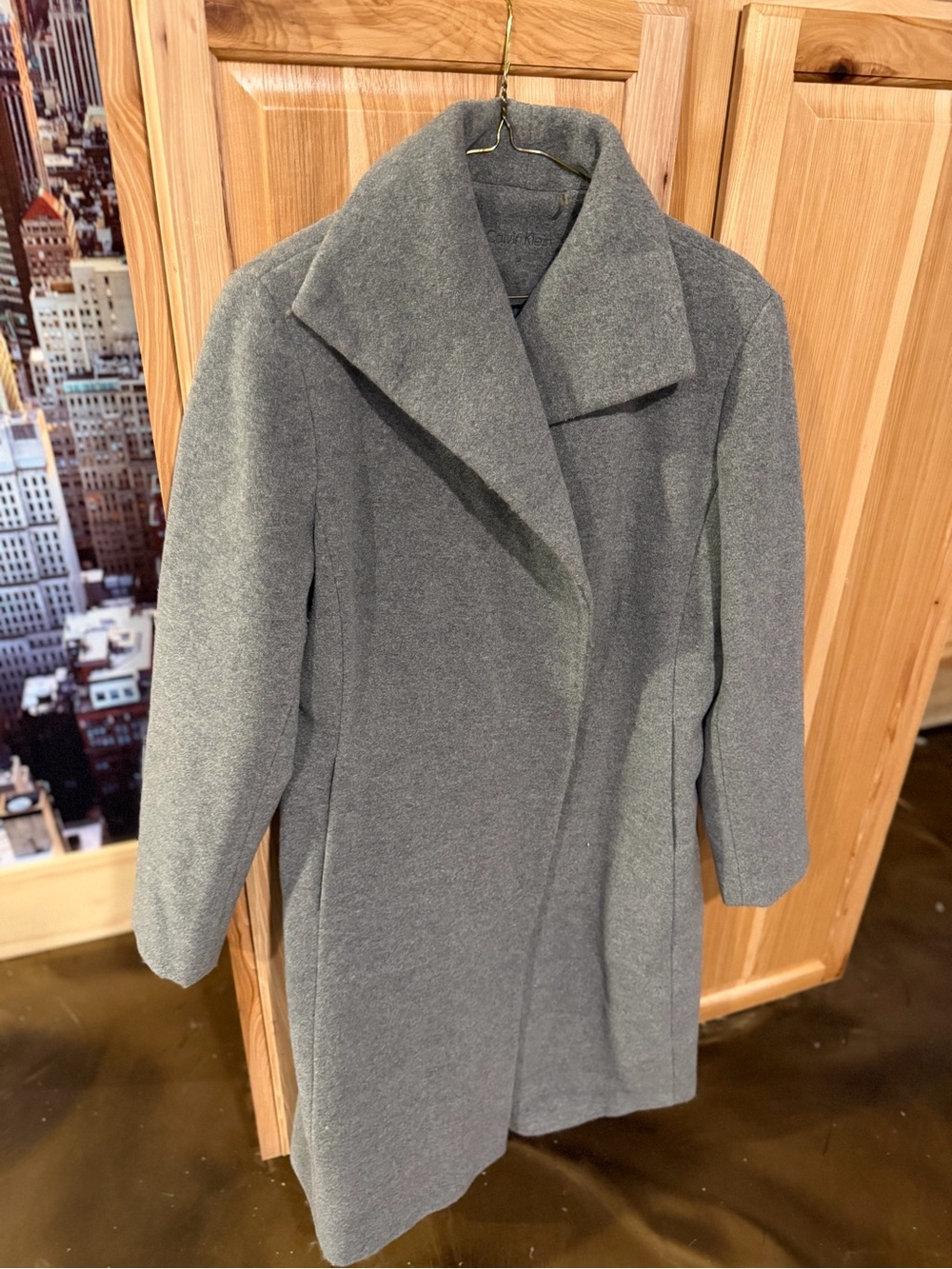 Calvin Klein Gray Wool Pea Coat with Wide Collar